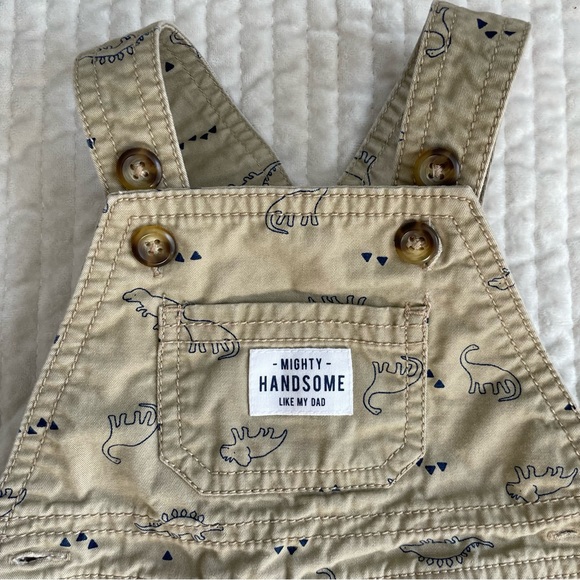 🦖Dinosaur Mighty Handsome Like My Dad Khaki Tan & Navy Cotton Overalls 6M🦕 - Picture 3 of 12